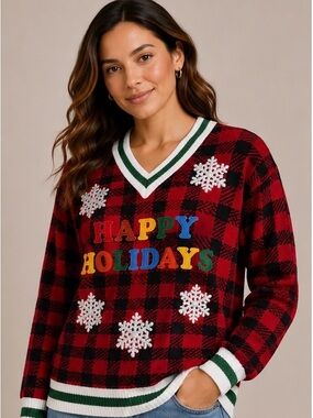 Festive Red Plaid - Ugly Christmas Holiday Sweater